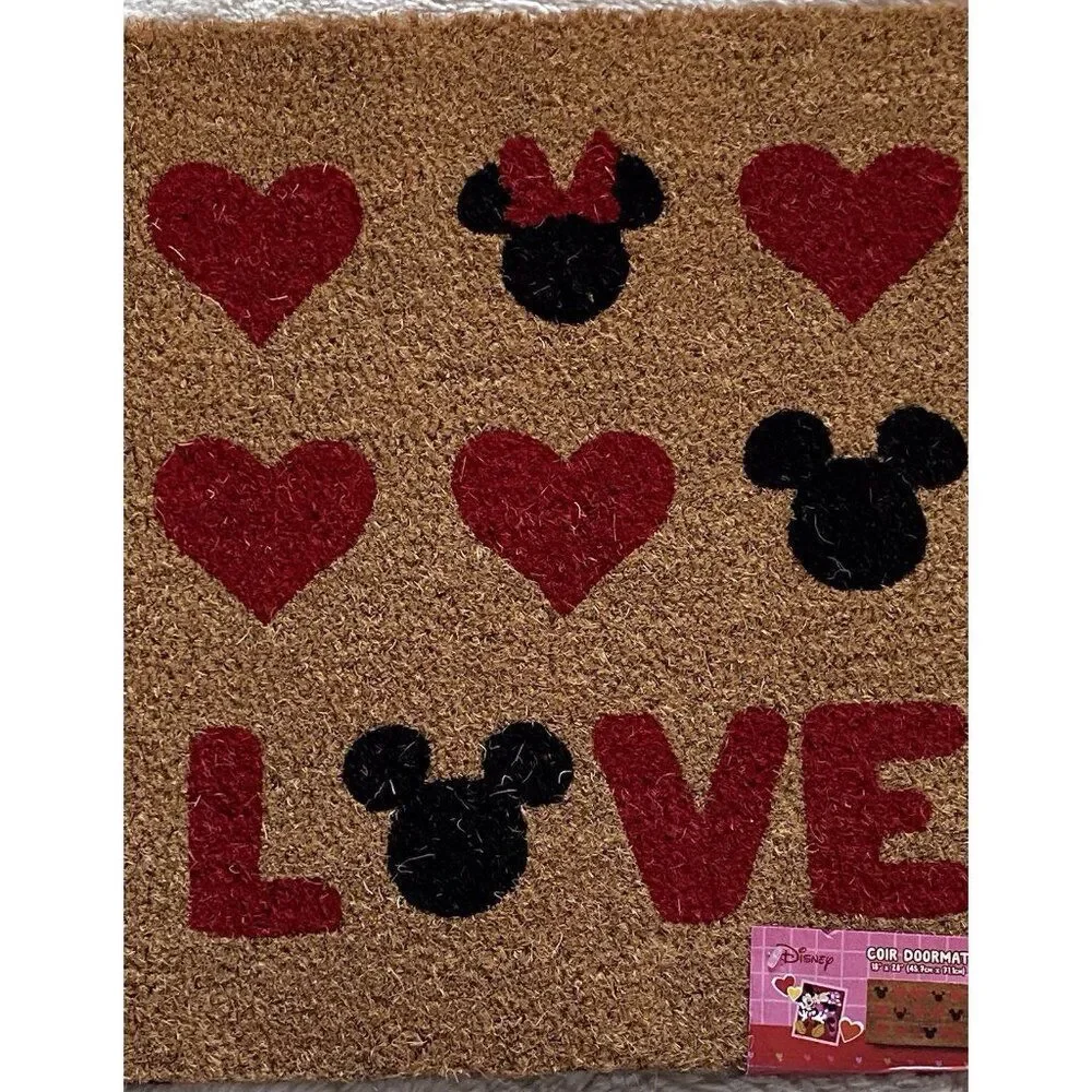 Disney Mickey Minnie Ears Coir Door Mat Outdoor Valentines‎ Love Hearts 18 X 28”
